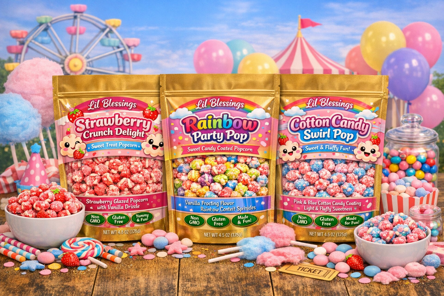 🌈 Lil Blessings Popcorn Trio — Strawberry • Rainbow Party • Cotton Candy Swirl